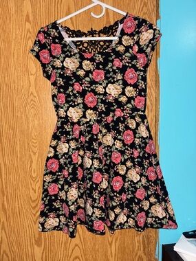 Forever 21 Black Floral Lace-Back Skater Dress with Pink and Cream Roses